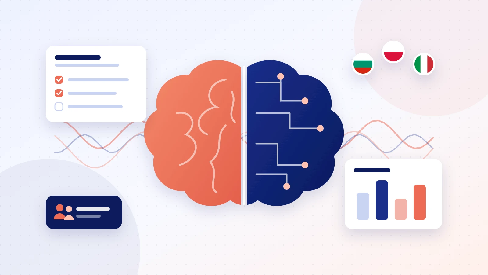 Илюстрация: мозък – половината органичен, половината дигитален, с анкета, графика и знамената на България, Полша и Италия